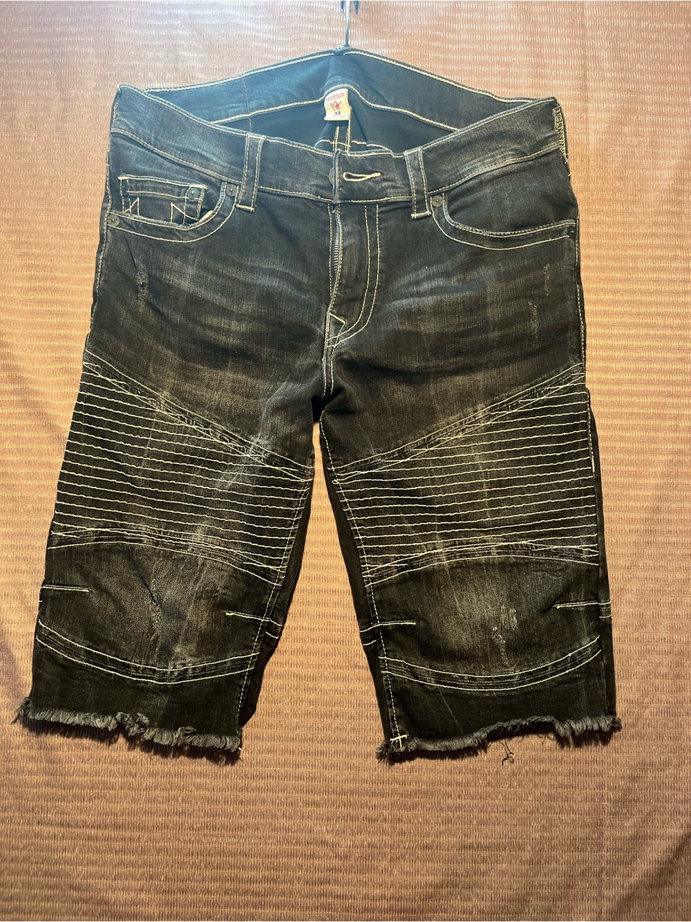 True Religion Black Washed Denim Jean Shorts with Contrast Stitching